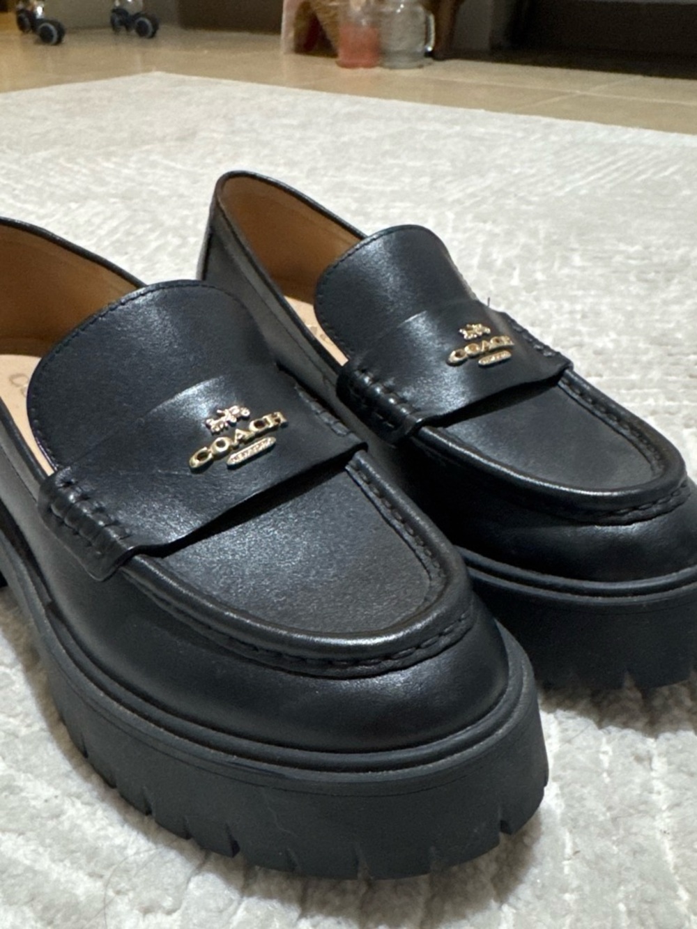COACH Black Leather Lug Sole Penny Loafers with Gold Logo